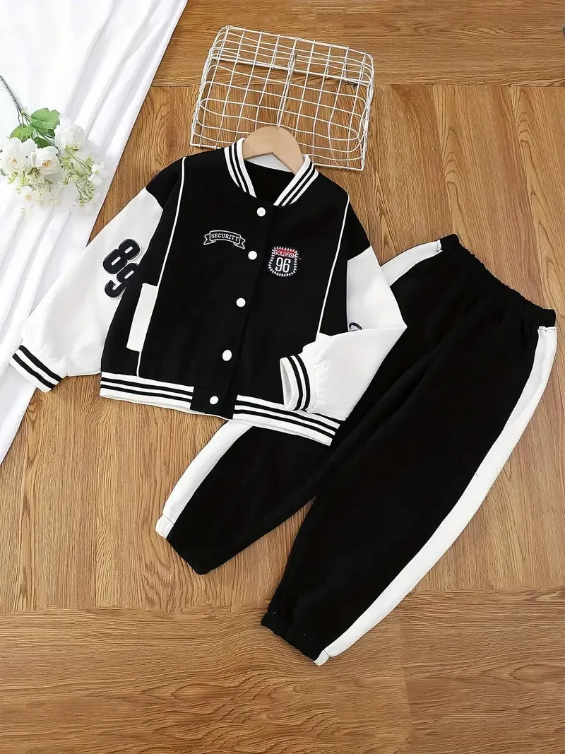 Girl's Lettermen Style Embroidered Baseball Jacket Black Pant Set