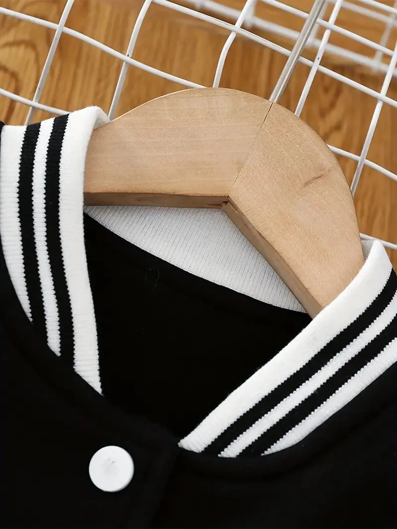 Girl's Lettermen Style Embroidered Baseball Jacket Black Pant Set
