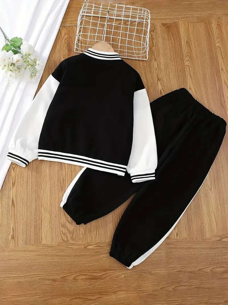 Girl's Lettermen Style Embroidered Baseball Jacket Black Pant Set