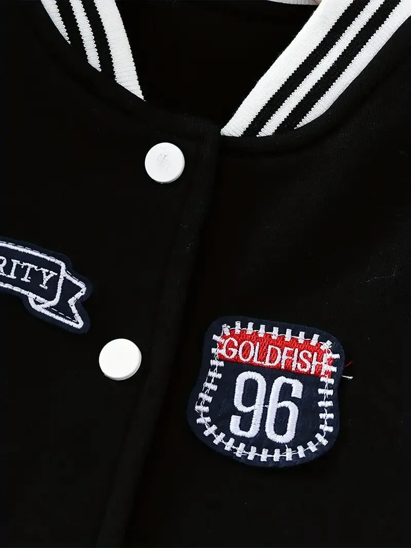 Girl's Lettermen Style Embroidered Baseball Jacket Black Pant Set