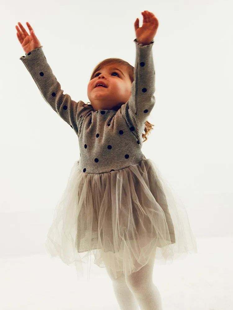 Girls Silver Grey Polka Dot Party Tutu Dress