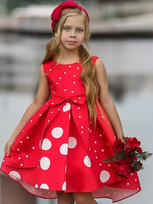 Girls Sleeveless Polka Dot Hi-Low Princess Holiday Dress