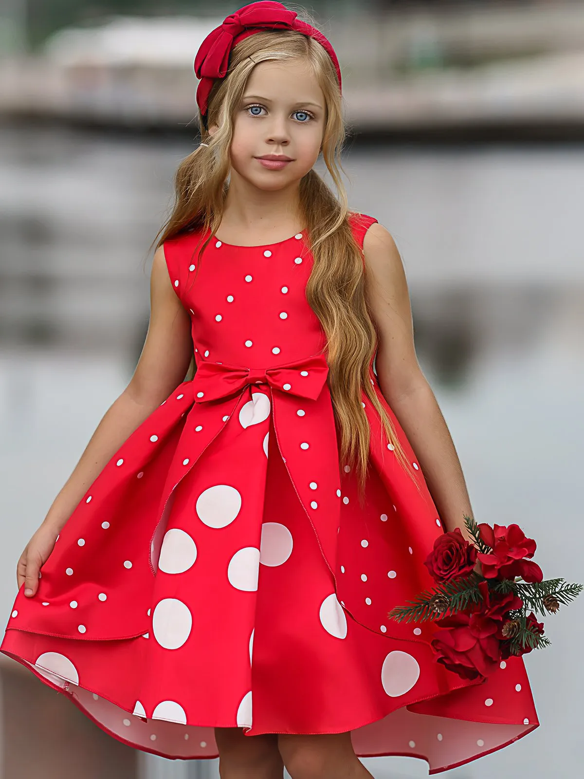 Girls Sleeveless Polka Dot Hi-Low Princess Holiday Dress