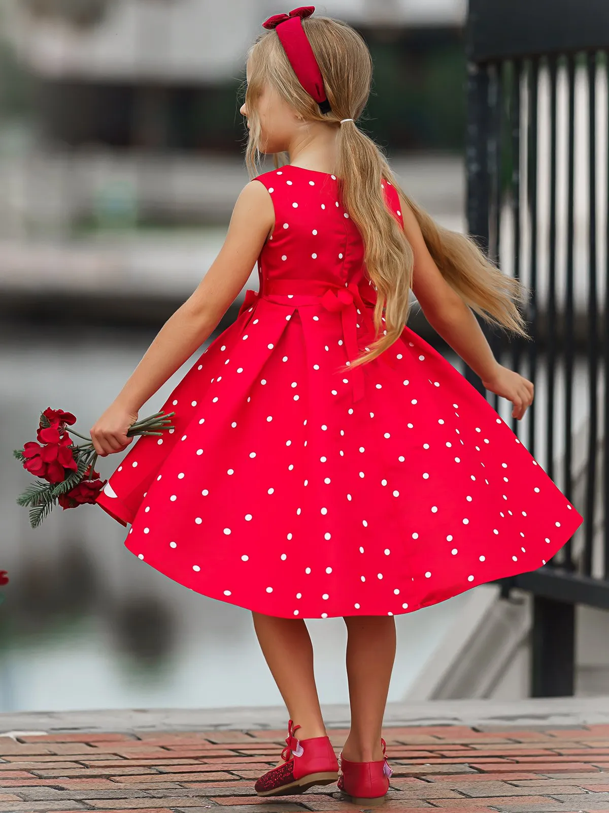 Girls Sleeveless Polka Dot Hi-Low Princess Holiday Dress