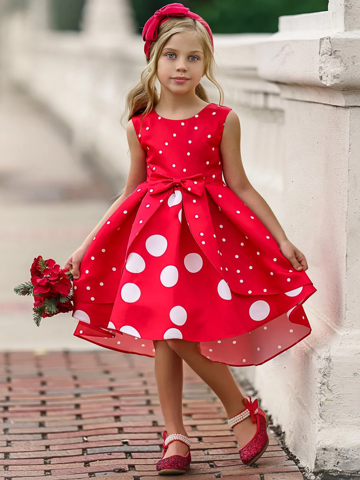 Girls Sleeveless Polka Dot Hi-Low Princess Holiday Dress