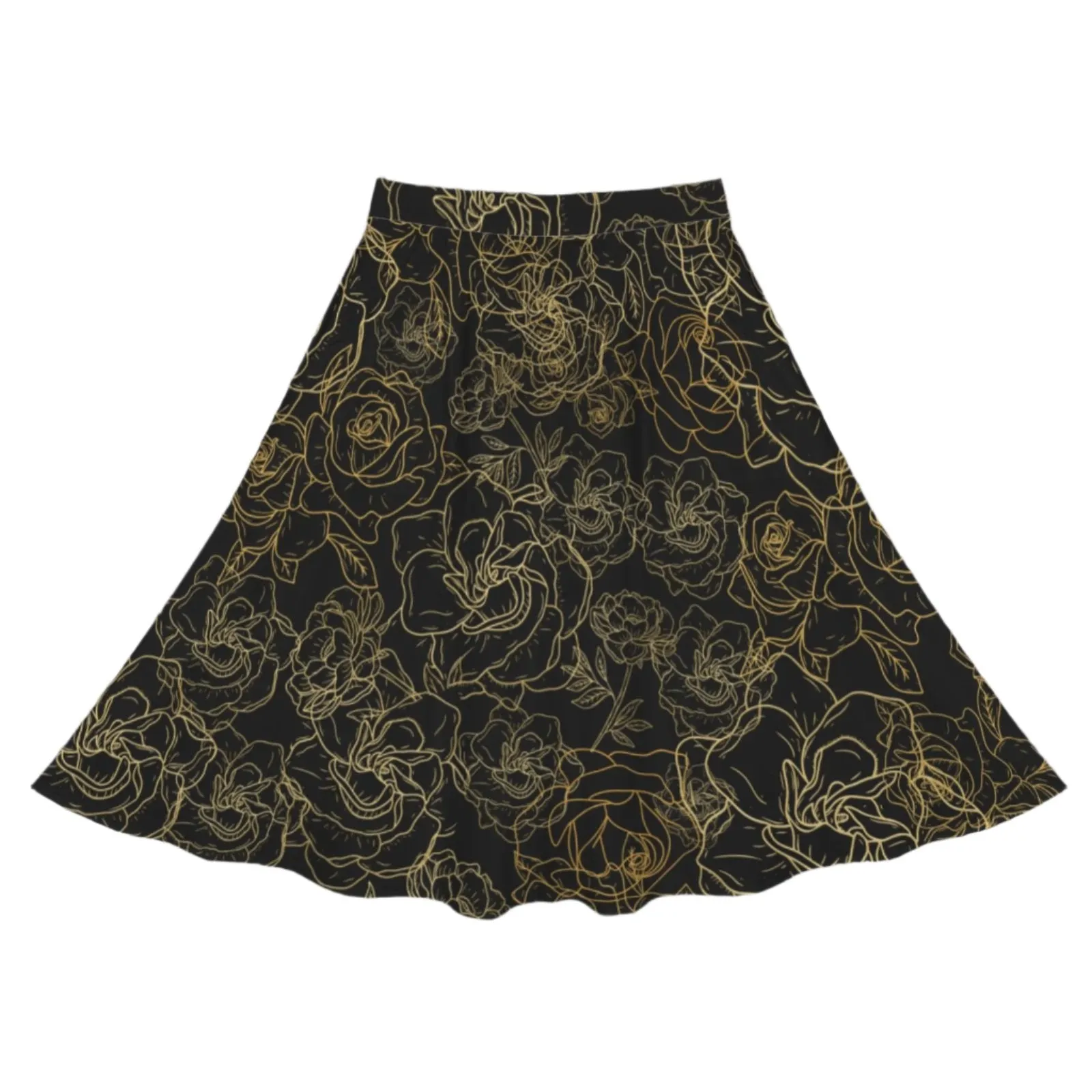 Golden Roses Black Mid Length Skirt with Pockets up to 5 XL (FWS)