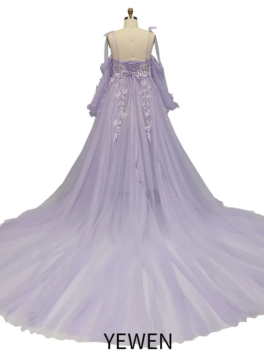 Gorgeous Long Sleeve Tulle Lace Flower Maternity Gown for Photoshooting YW221109-1