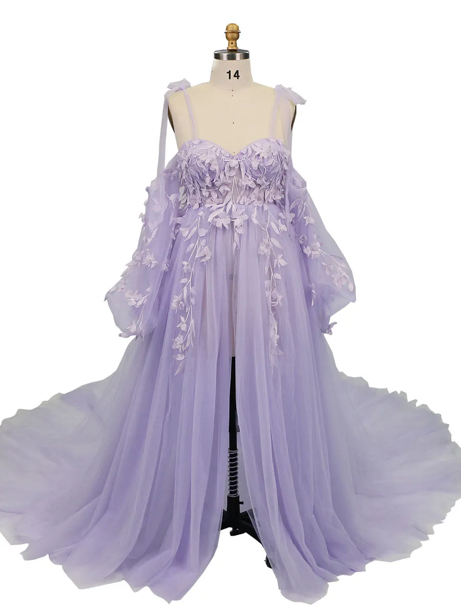 Gorgeous Long Sleeve Tulle Lace Flower Maternity Gown for Photoshooting YW221109-1