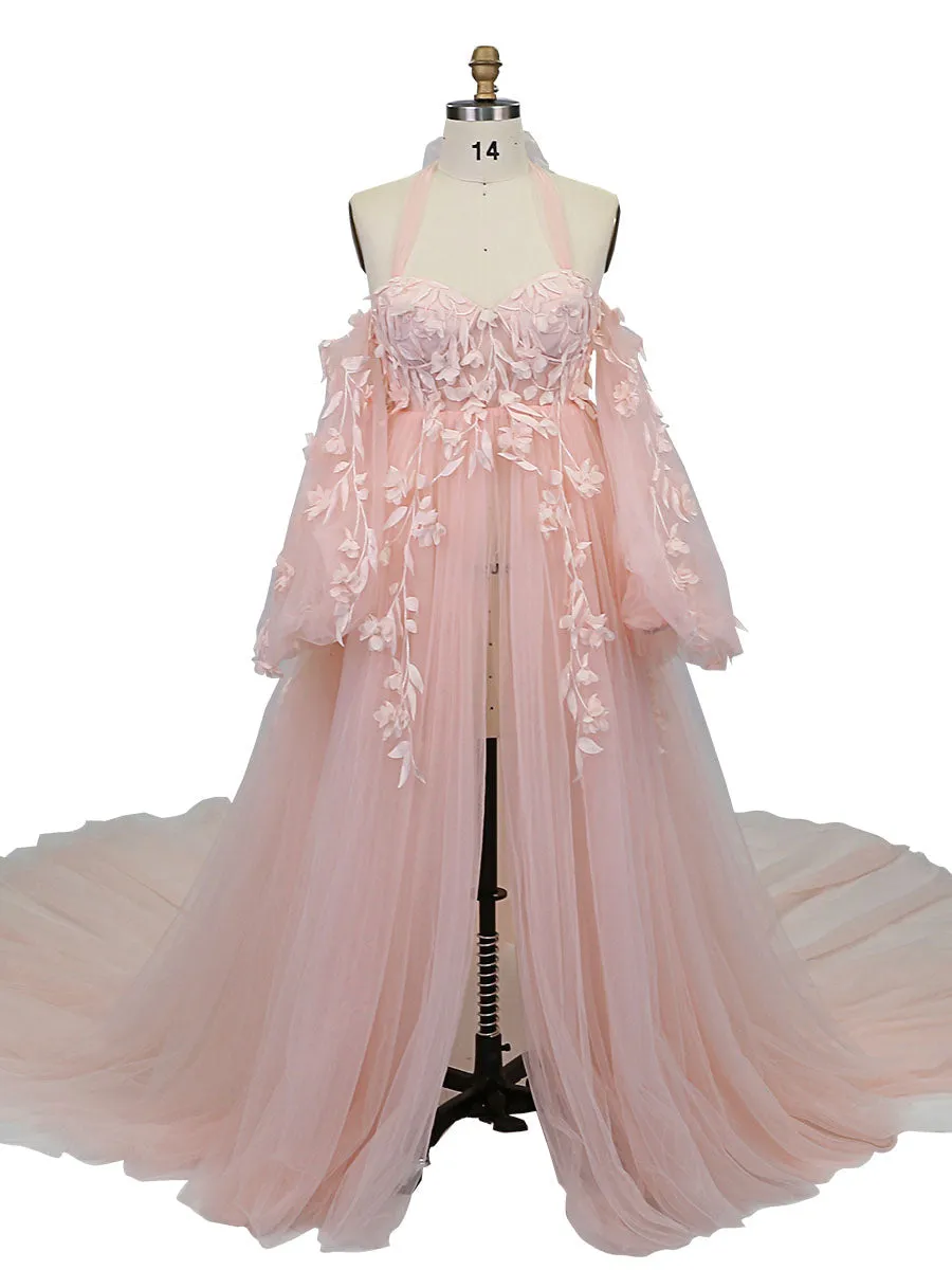 Gorgeous Long Sleeve Tulle Lace Flower Maternity Gown for Photoshooting YW221109-1