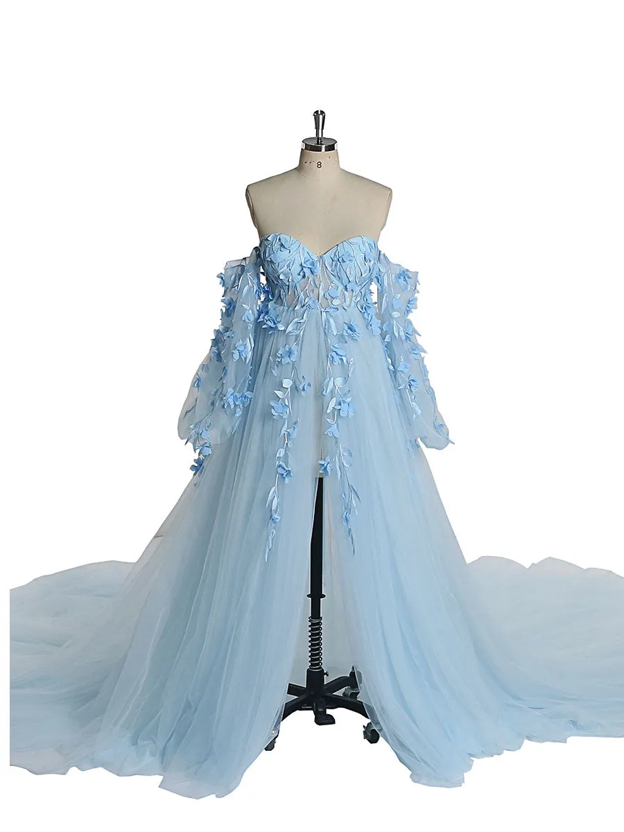 Gorgeous Long Sleeve Tulle Lace Flower Maternity Photoshoot Dresses Photo Shoots Dress for Wedding Guest YW221109