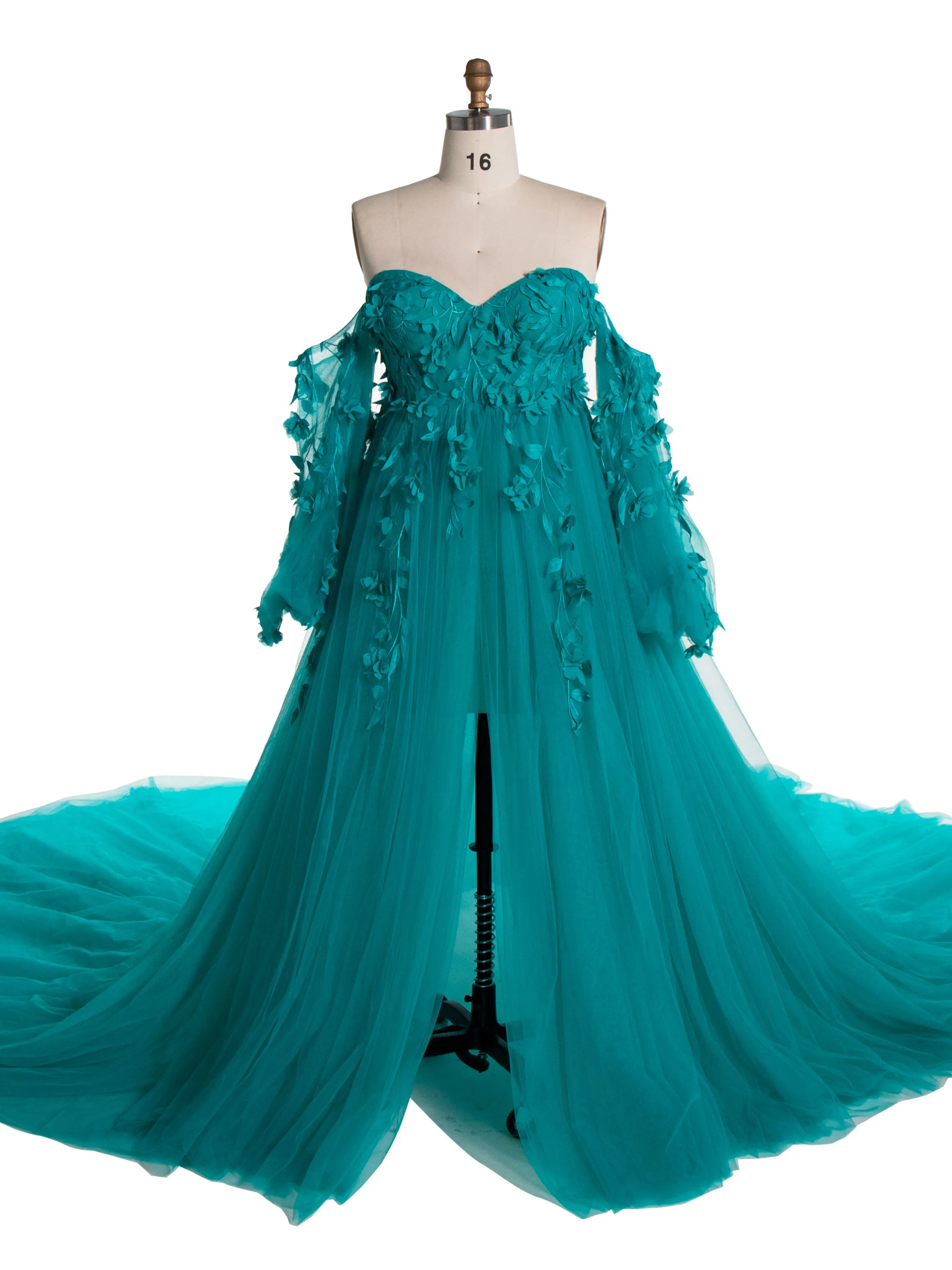 Gorgeous Long Sleeve Tulle Lace Flower Maternity Photoshoot Dresses Photo Shoots Dress for Wedding Guest YW221109
