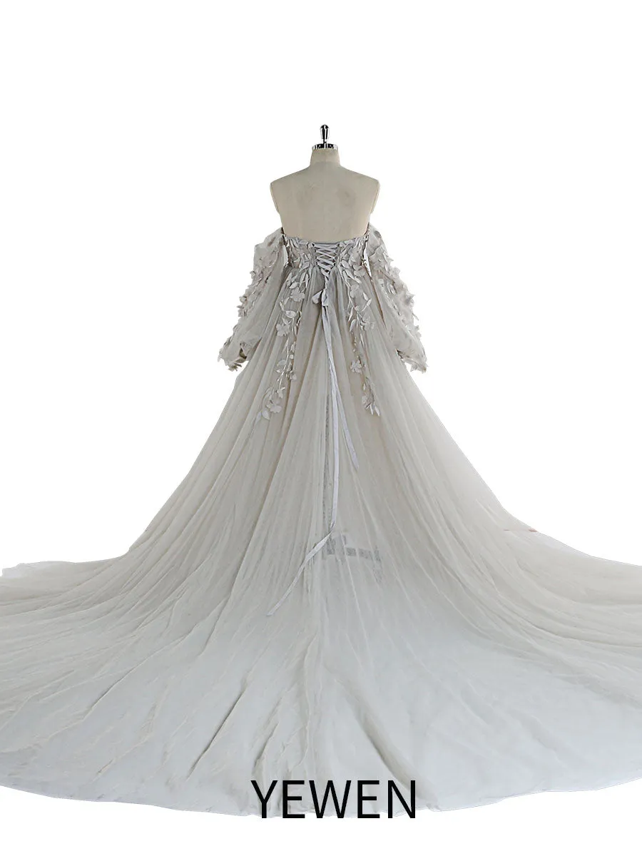 Gorgeous Long Sleeve Tulle Lace Flower Maternity Photoshoot Dresses Photo Shoots Dress for Wedding Guest YW221109