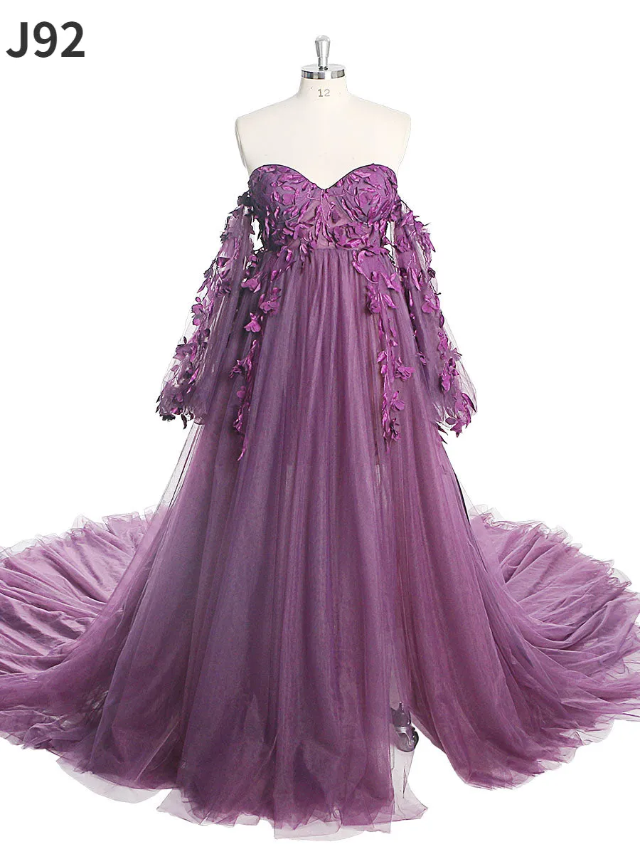 Gorgeous Long Sleeve Tulle Lace Flower Maternity Photoshoot Dresses Photo Shoots Dress for Wedding Guest YW221109