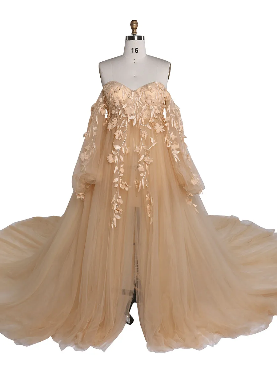 Gorgeous Long Sleeve Tulle Lace Flower Maternity Photoshoot Dresses Photo Shoots Dress for Wedding Guest YW221109
