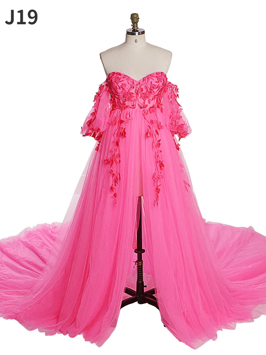 Gorgeous Long Sleeve Tulle Lace Flower Maternity Photoshoot Dresses Photo Shoots Dress for Wedding Guest YW221109