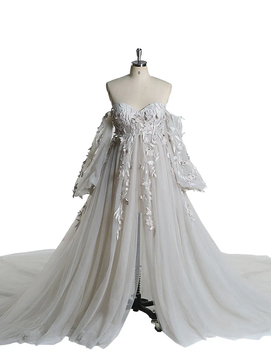 Gorgeous Long Sleeve Tulle Lace Flower Maternity Photoshoot Dresses Photo Shoots Dress for Wedding Guest YW221109