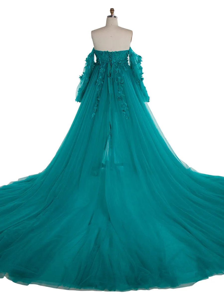 Gorgeous Long Sleeve Tulle Lace Flower Maternity Photoshoot Dresses Photo Shoots Dress for Wedding Guest YW221109