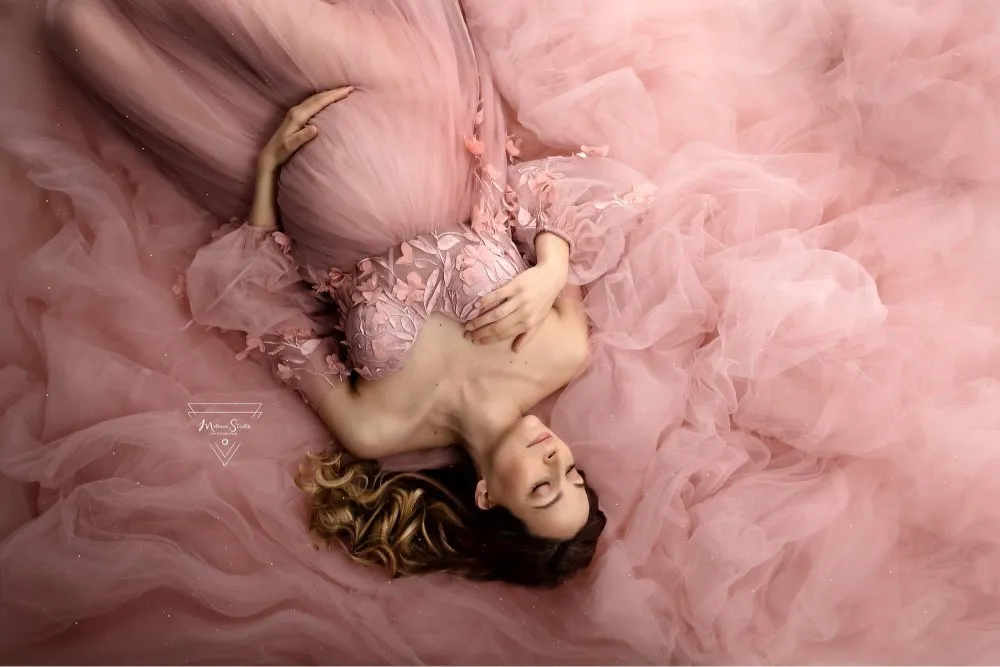 Gorgeous Long Sleeve Tulle Lace Flower Maternity Photoshoot Dresses Photo Shoots Dress for Wedding Guest YW221109