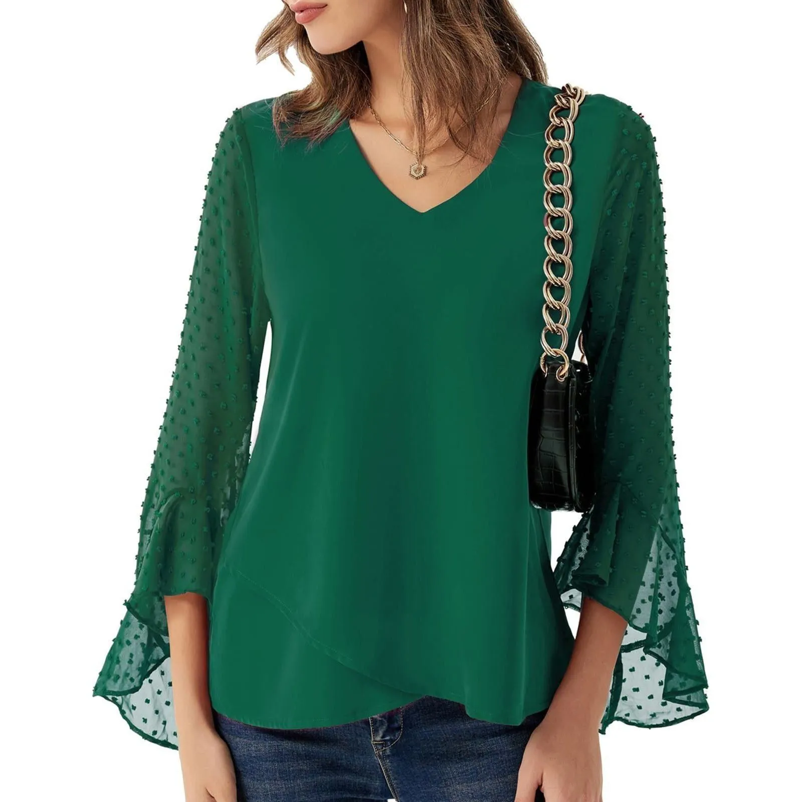 GRACE KARIN Womens Summer Dressy Tops Casual Chiffon Blouse Swiss Dot Ruffle Sleeve Shirts Loose Flowy Work Top