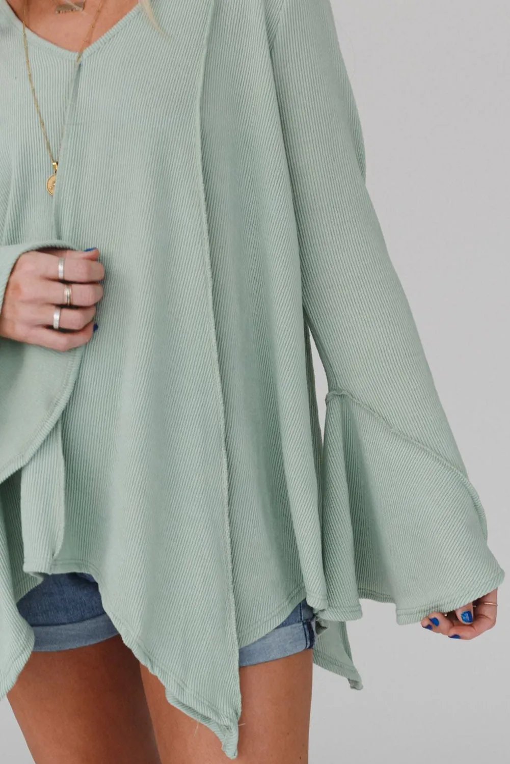 Green Ribbed Expose Seam Bell Sleeve Top