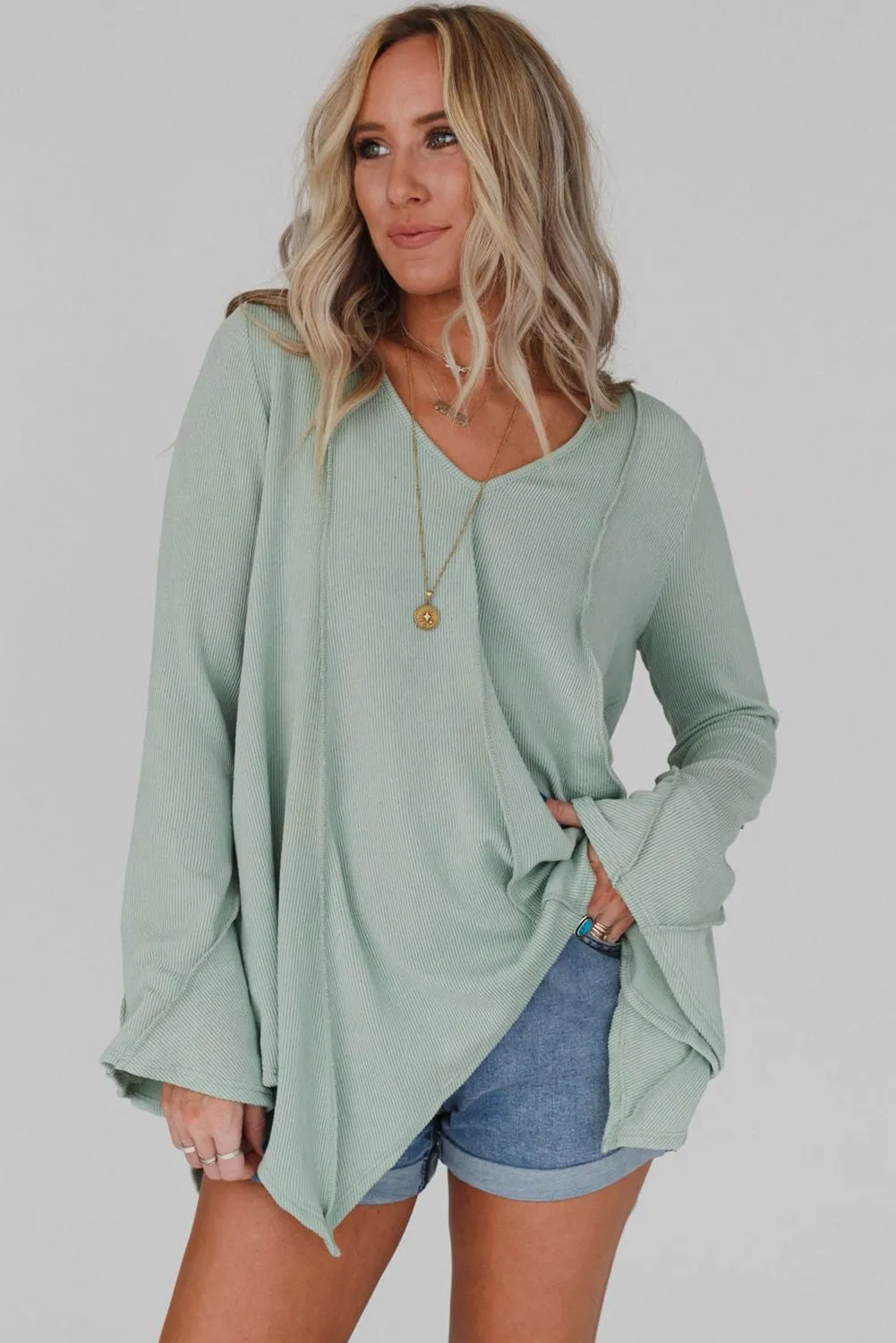 Green Ribbed Expose Seam Bell Sleeve Top