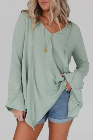 Green Ribbed Expose Seam Bell Sleeve Top