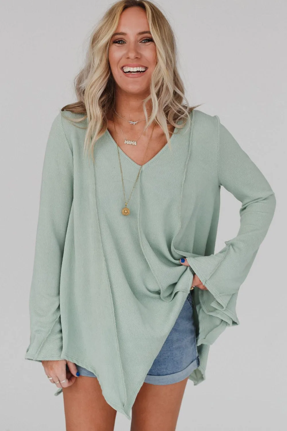Green Ribbed Expose Seam Bell Sleeve Top