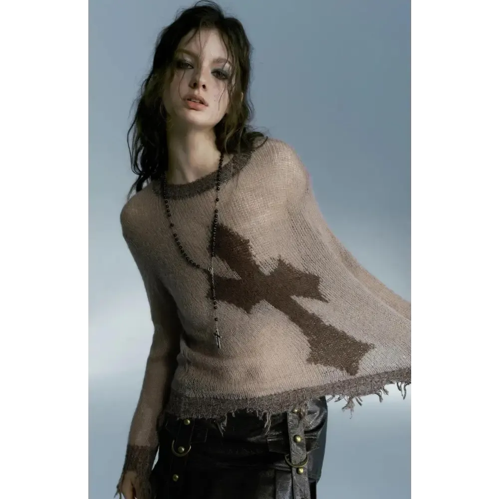 Grunge-Inspired Knit Sweater with Cross Print for Y2K Fashion