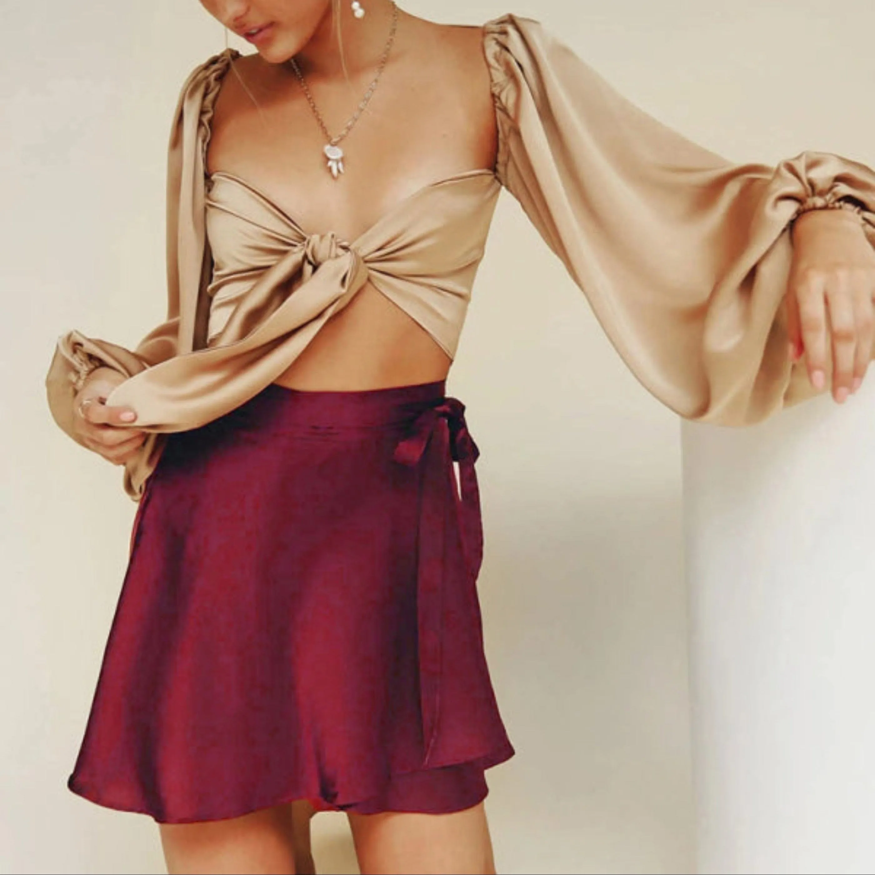 GYPSY GIRL - High Waist Tie Satin Wrap Skirt