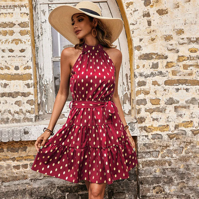 Halterneck Polka Dot Dress with Tiered Skirt and Belted Waist