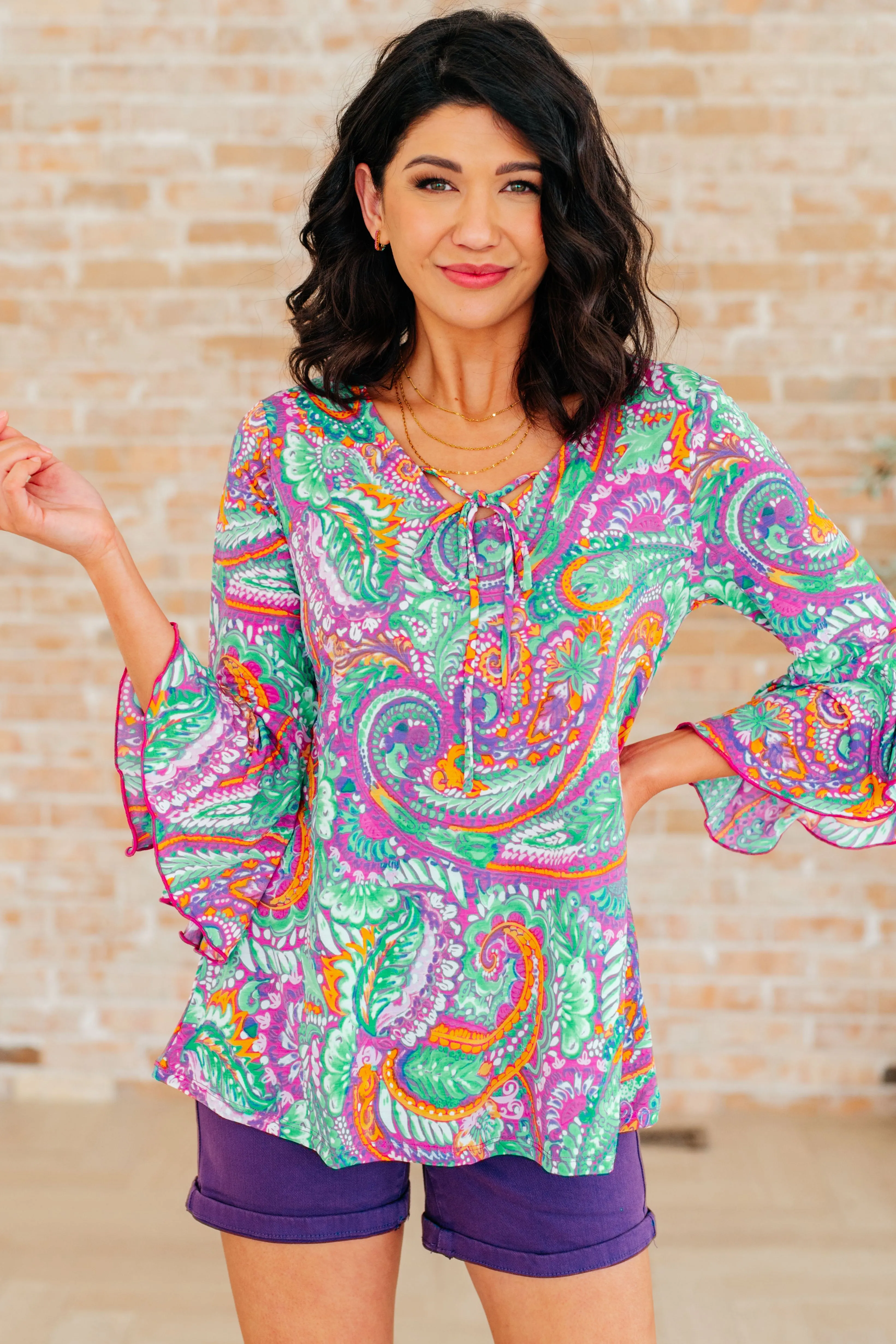 Hazel Blues® |  Willow Bell Sleeve Top in Lavender Mint Paisley