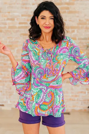 Hazel Blues® |  Willow Bell Sleeve Top in Lavender Mint Paisley