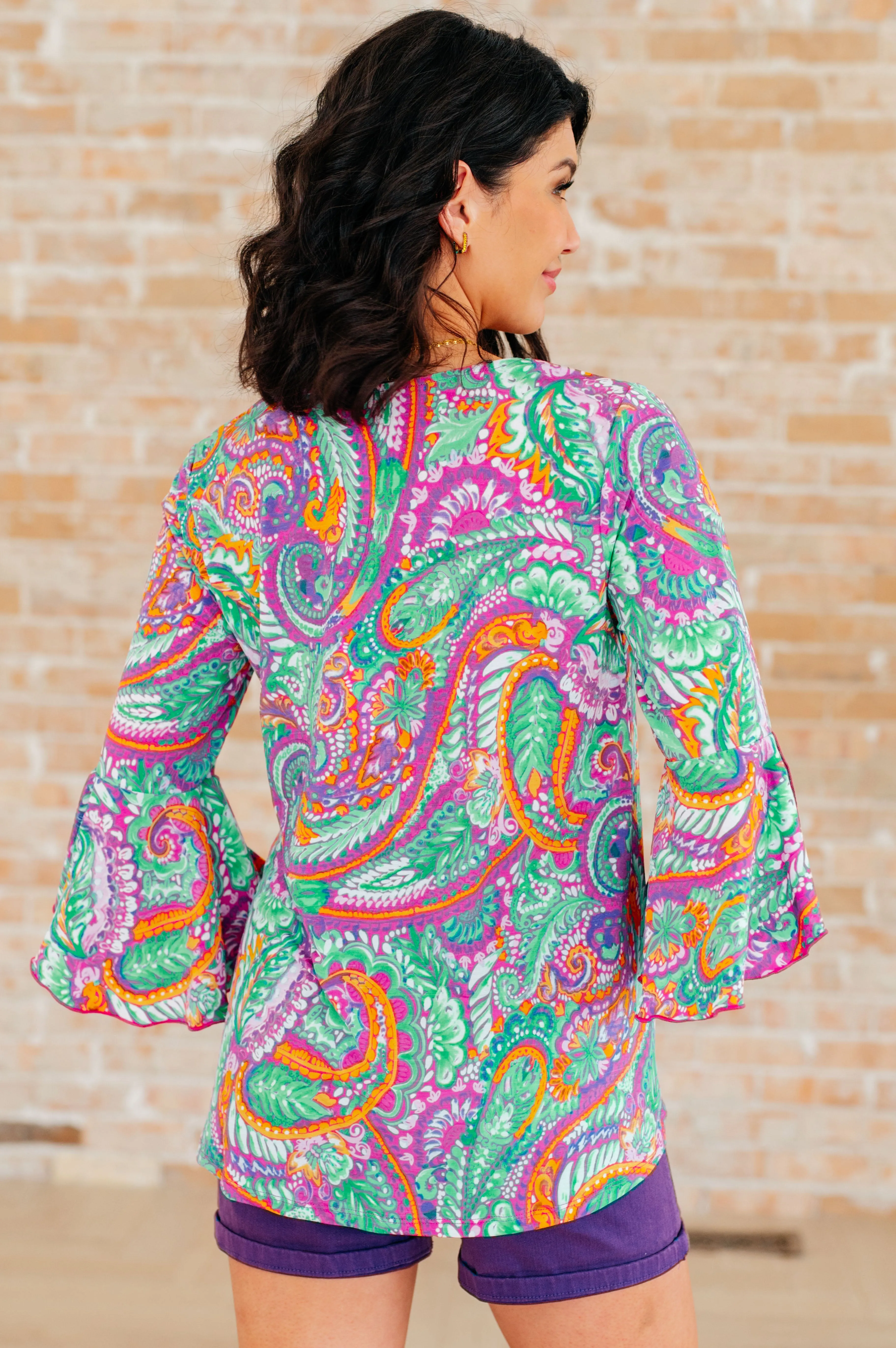 Hazel Blues® |  Willow Bell Sleeve Top in Lavender Mint Paisley