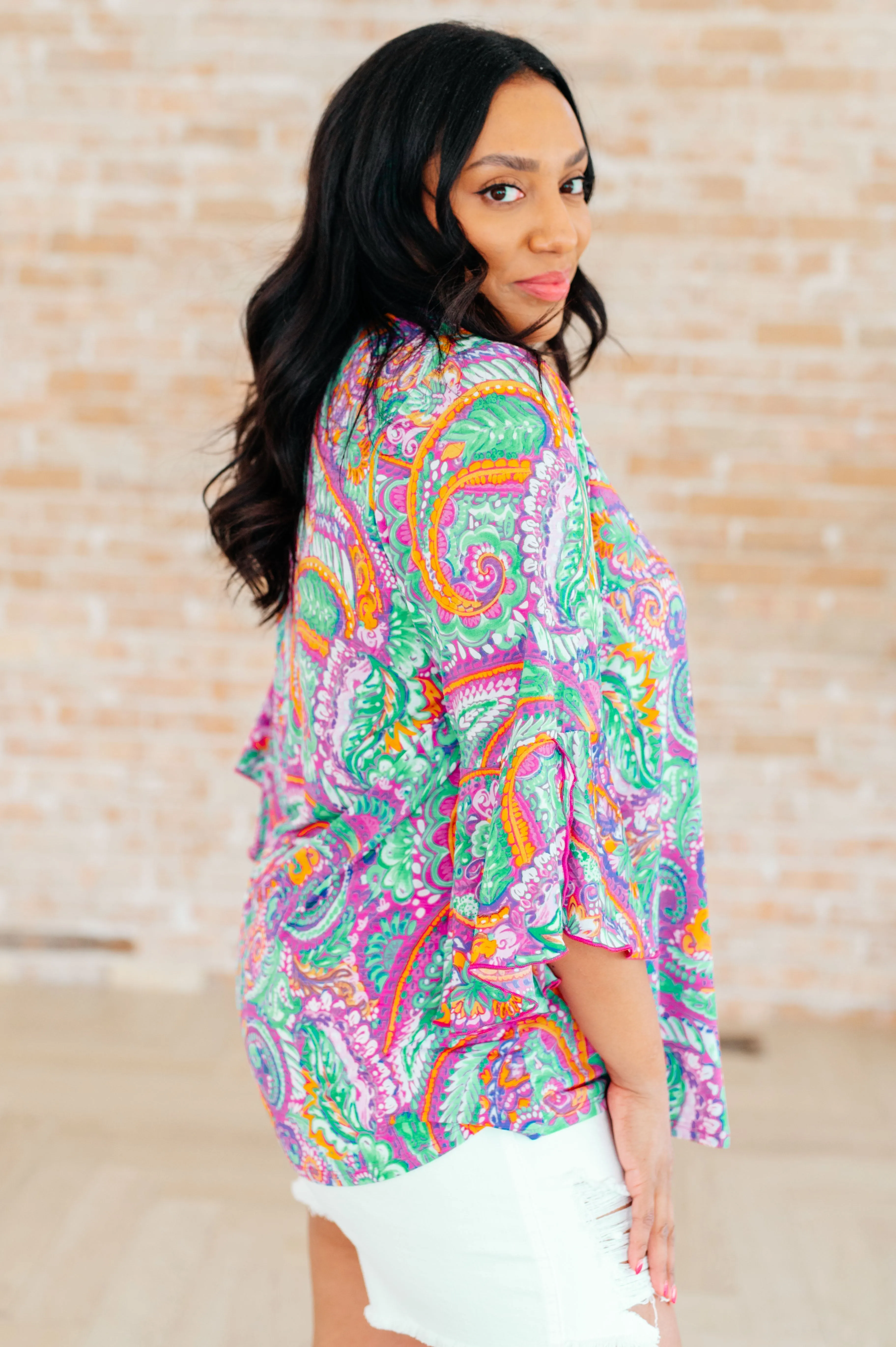 Hazel Blues® |  Willow Bell Sleeve Top in Lavender Mint Paisley
