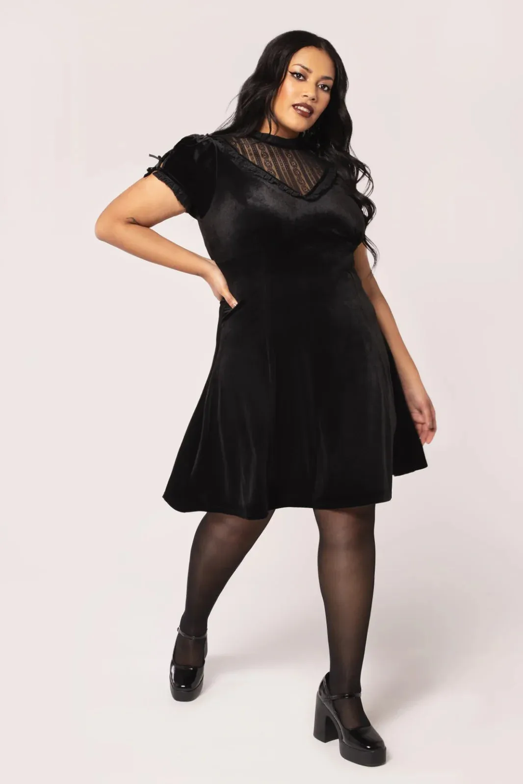 Hell Bunny Mourning Dress - Gothic Black & Velvet Lace Detail