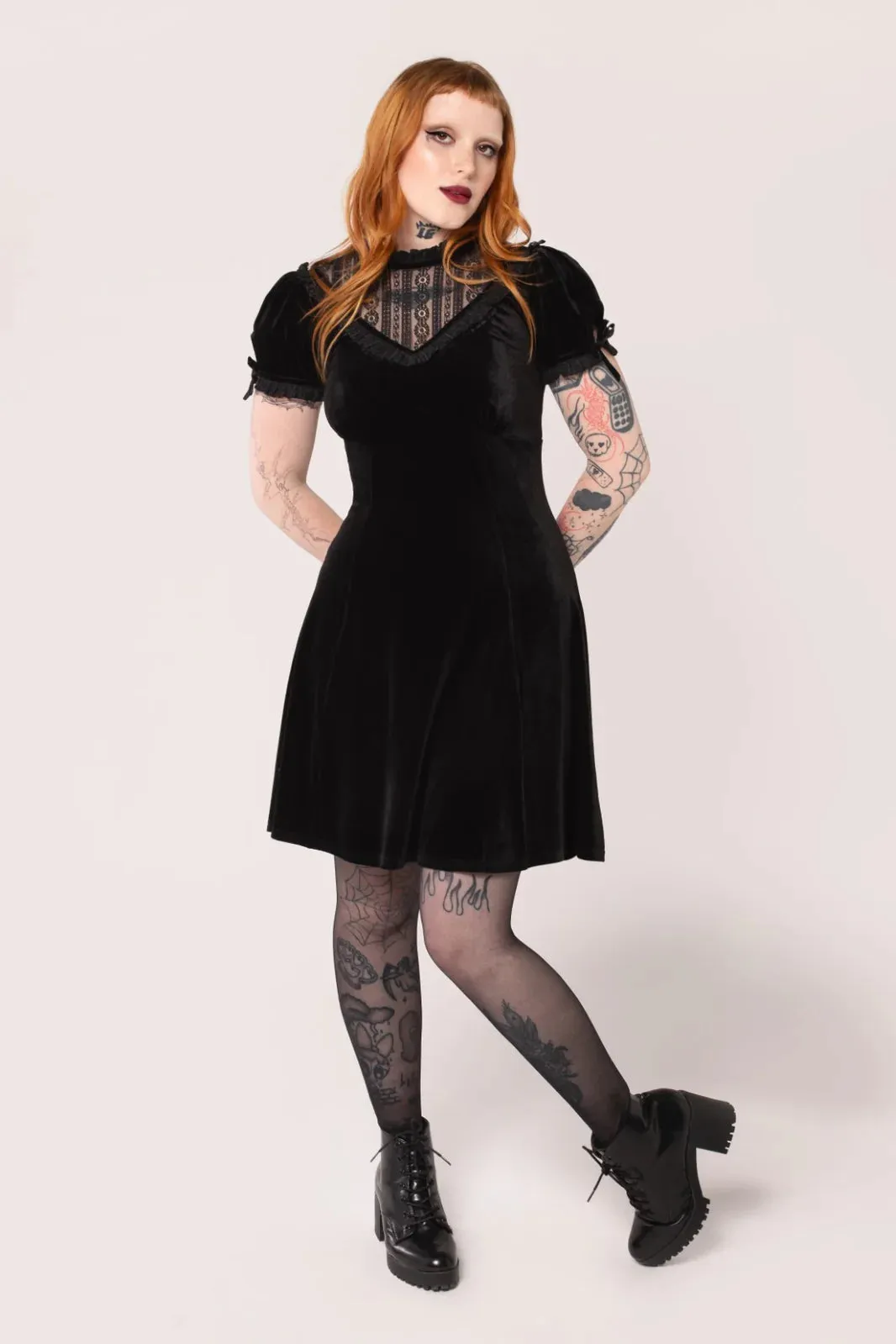 Hell Bunny Mourning Dress - Gothic Black & Velvet Lace Detail