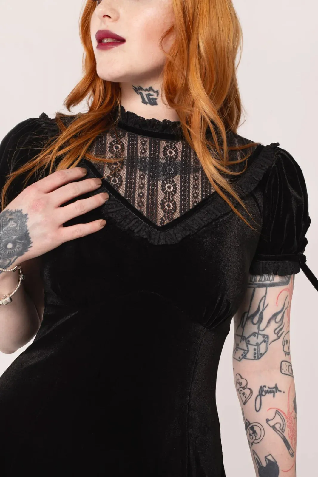 Hell Bunny Mourning Dress - Gothic Black & Velvet Lace Detail