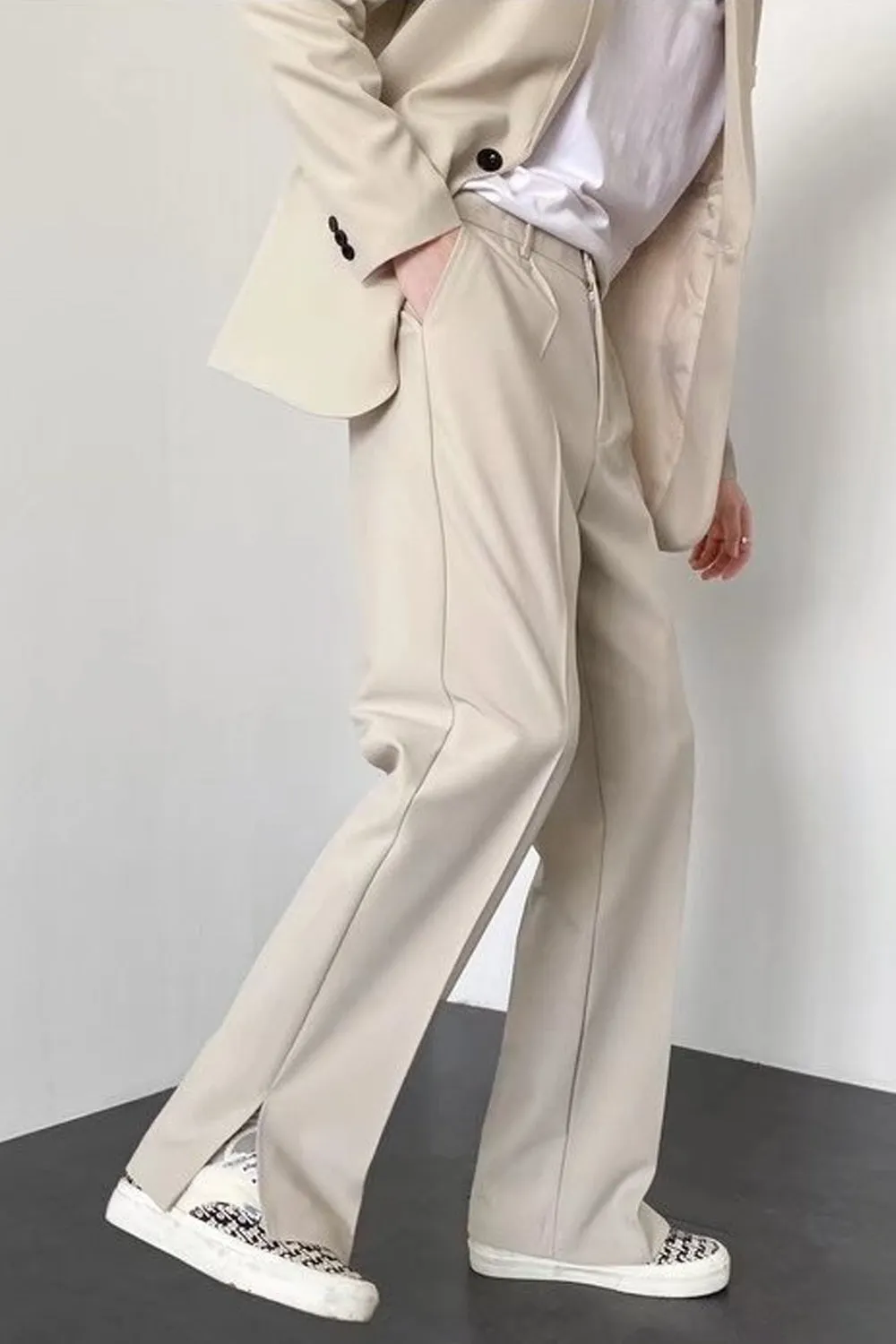 High Waist Loose Slit Leg Straight Long Pants