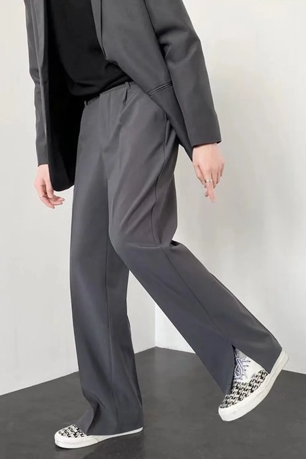 High Waist Loose Slit Leg Straight Long Pants