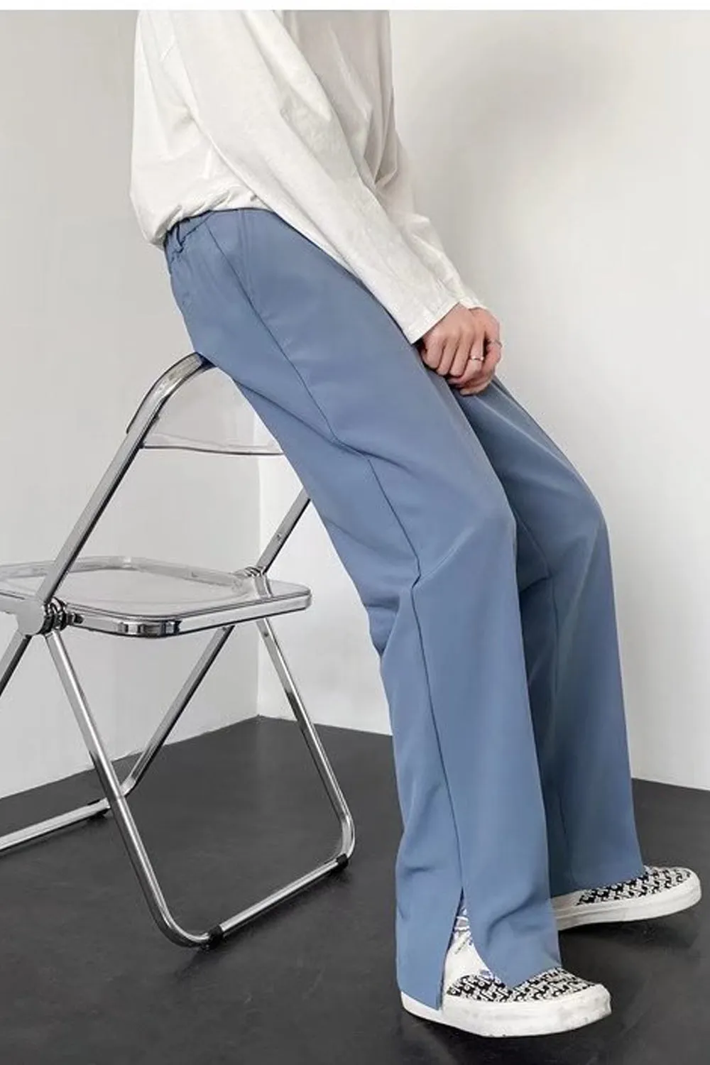 High Waist Loose Slit Leg Straight Long Pants