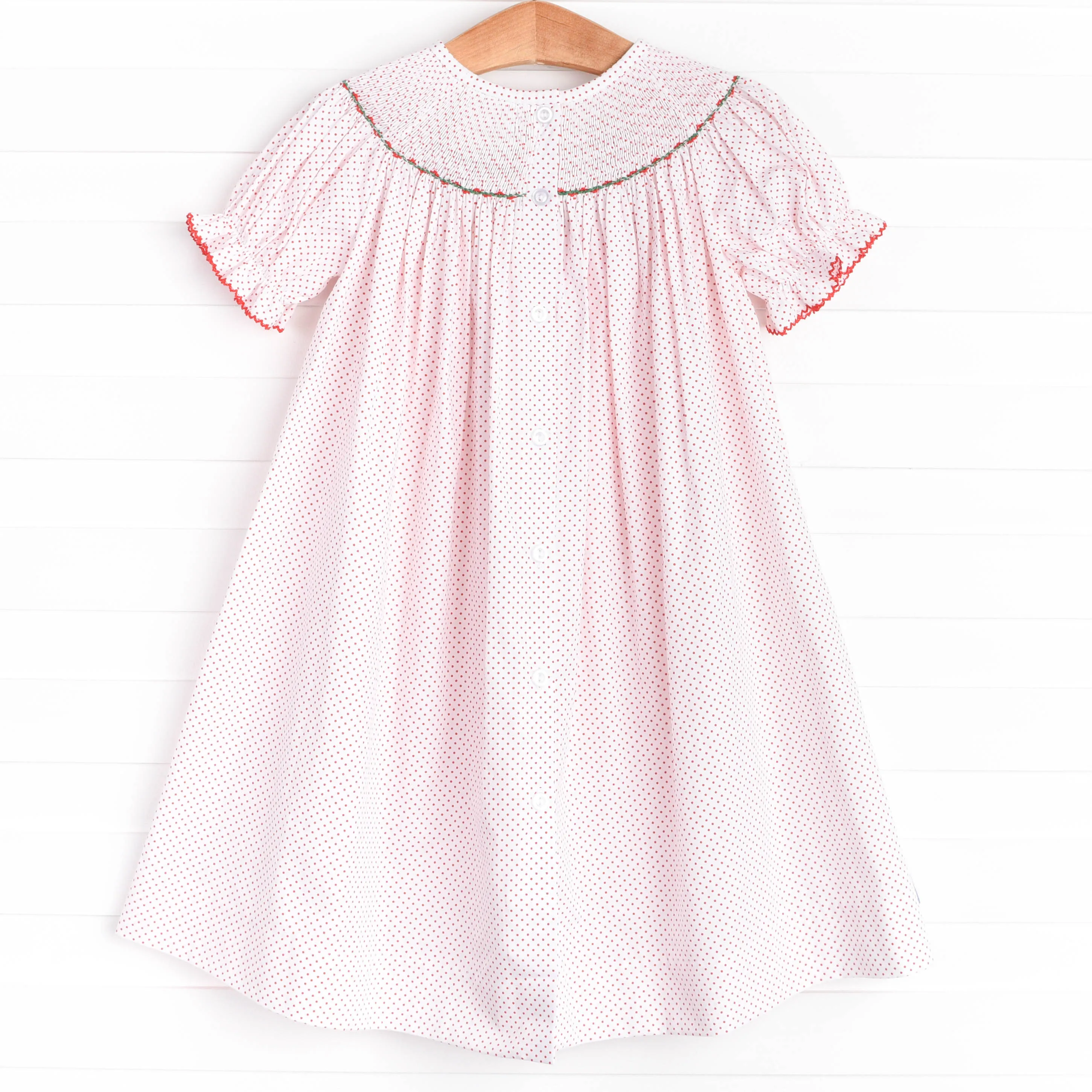Holly Jolly Smocked Bishop Dress, Red