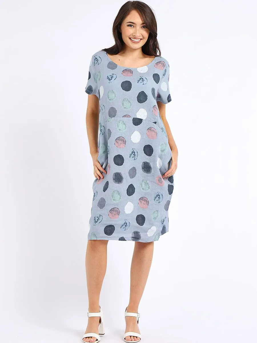Italian Classic Shift Polka Dot Denim Linen Dress Sz 10-16
