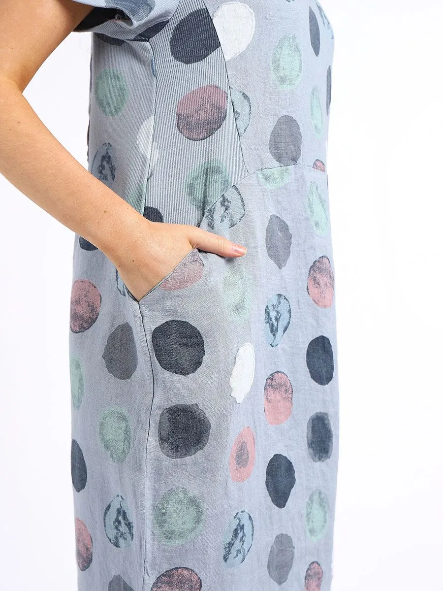 Italian Classic Shift Polka Dot Denim Linen Dress Sz 10-16