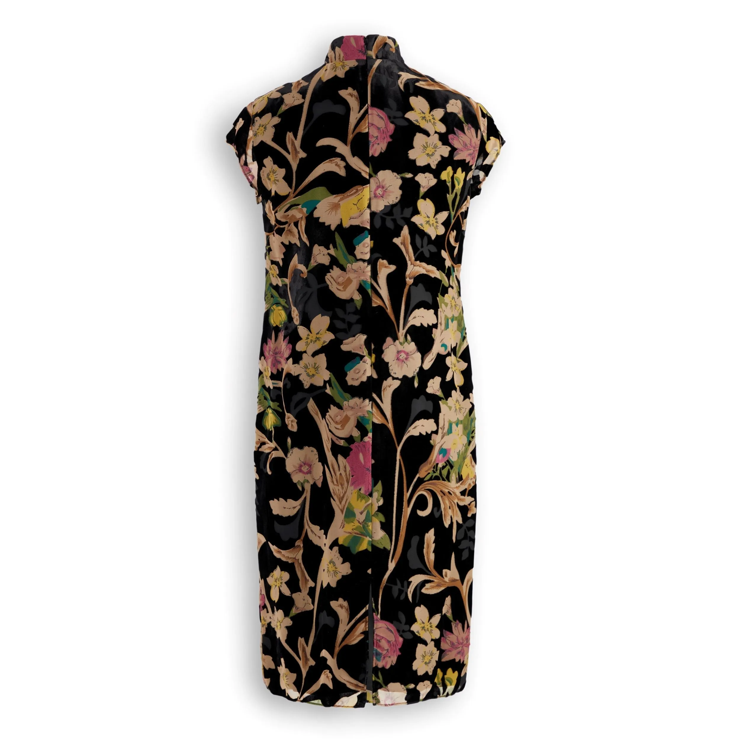 J. Peterman Women's Velvet Burnout Style Cap Sleeve High Neck Qipao Floral Dress