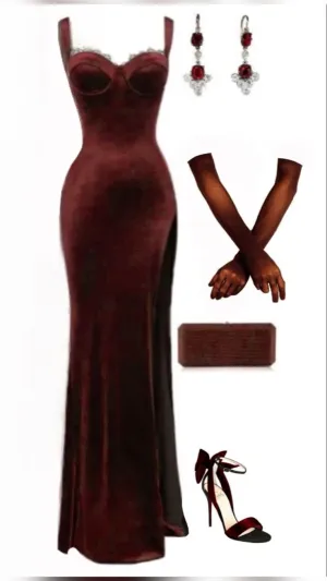JazzHer Elegant Sheath Straps Lace Velvet Burgundy Slit Prom Dresses Evening Dress With Gloves (PRE-ORDER)