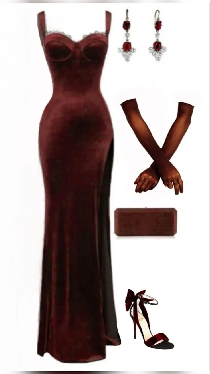 JazzHer Elegant Sheath Straps Lace Velvet Burgundy Slit Prom Dresses Evening Dress With Gloves (PRE-ORDER)