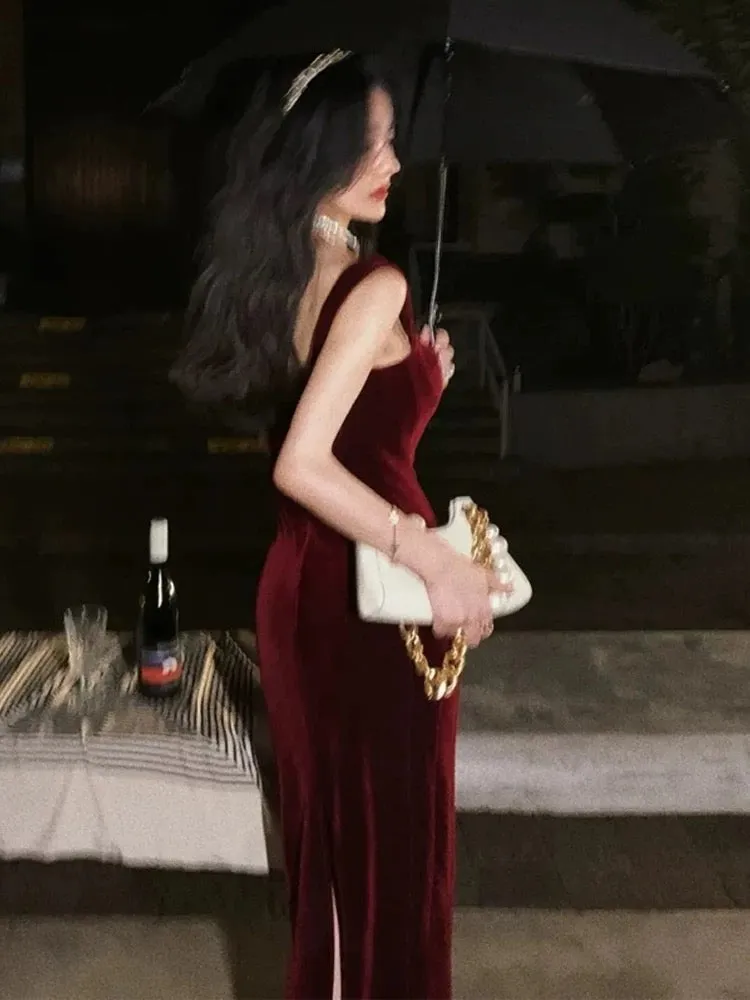 JazzHer Gorgeous Mermaid Straps Burgundy Velvet Evening Dress Prom Dresses Birthday Outfits (PRE-ORDER)