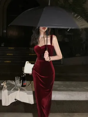 JazzHer Gorgeous Mermaid Straps Burgundy Velvet Evening Dress Prom Dresses Birthday Outfits (PRE-ORDER)