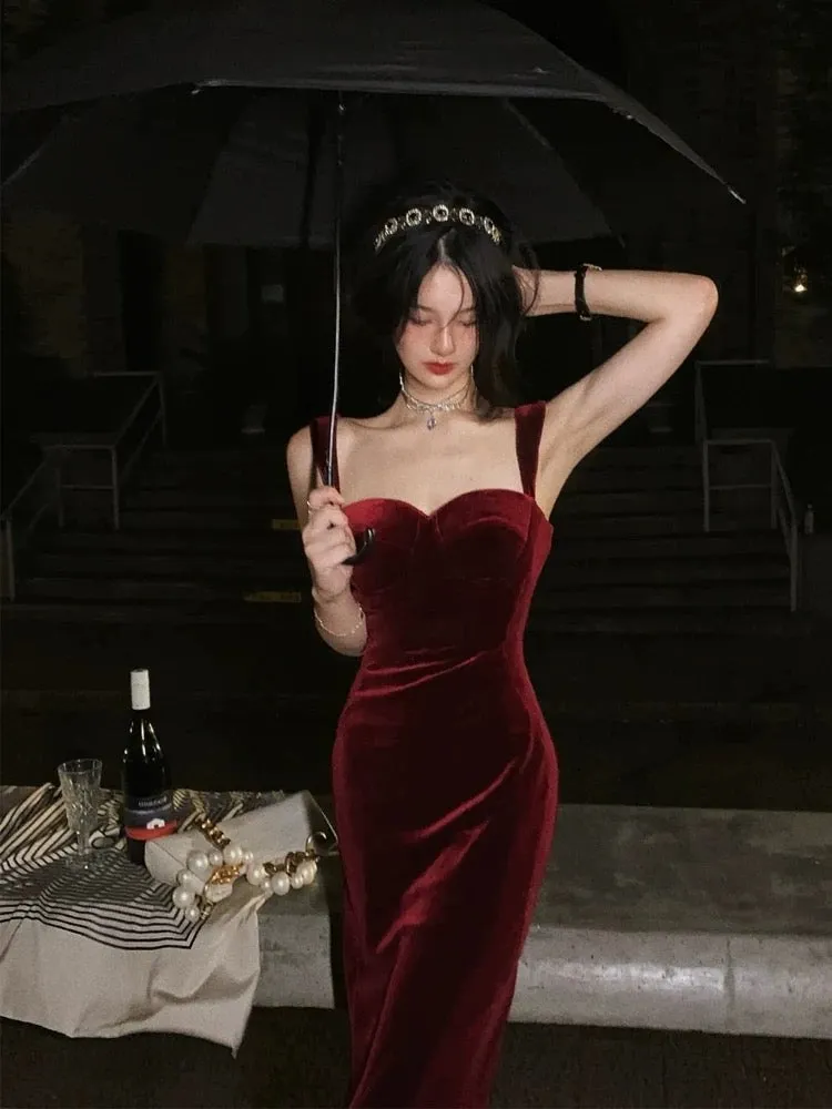 JazzHer Gorgeous Mermaid Straps Burgundy Velvet Evening Dress Prom Dresses Birthday Outfits (PRE-ORDER)