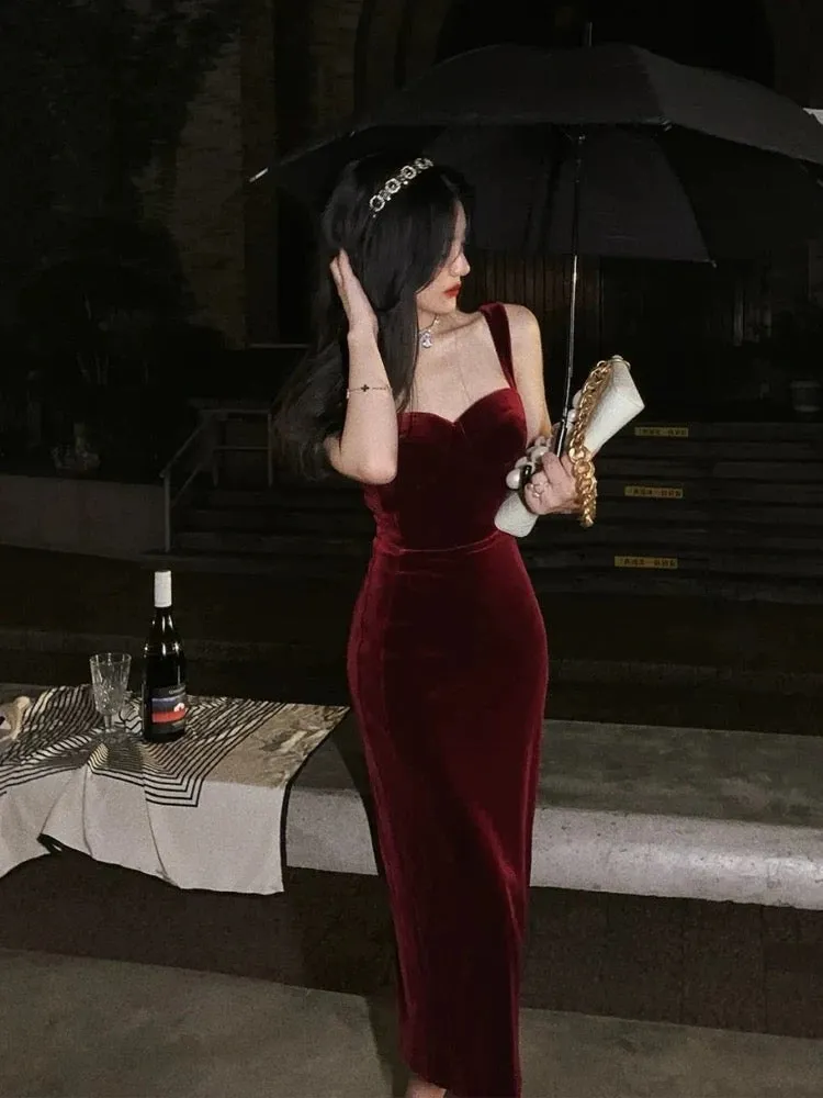 JazzHer Gorgeous Mermaid Straps Burgundy Velvet Evening Dress Prom Dresses Birthday Outfits (PRE-ORDER)